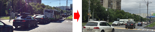 図1　朝の混雑時間帯における渋滞緩和の様子（左：実証前　右：実証後、写真奥行き方向がモスクワ市内に向かう方向）